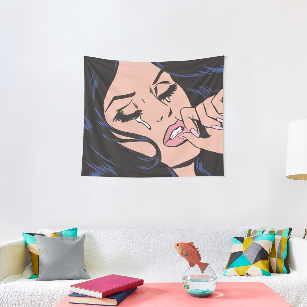 Black Hair Crying Comic Girl Tapestry