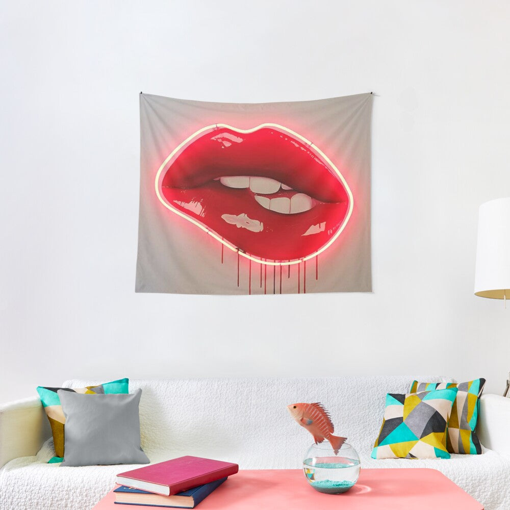 Neon Lip Biting Tapestry Tapestry